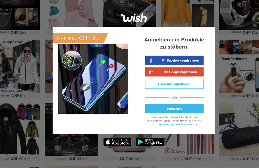 Keine gute Idee ist es, sich mit dem Facebook-Profil bei Wish anzumelden.