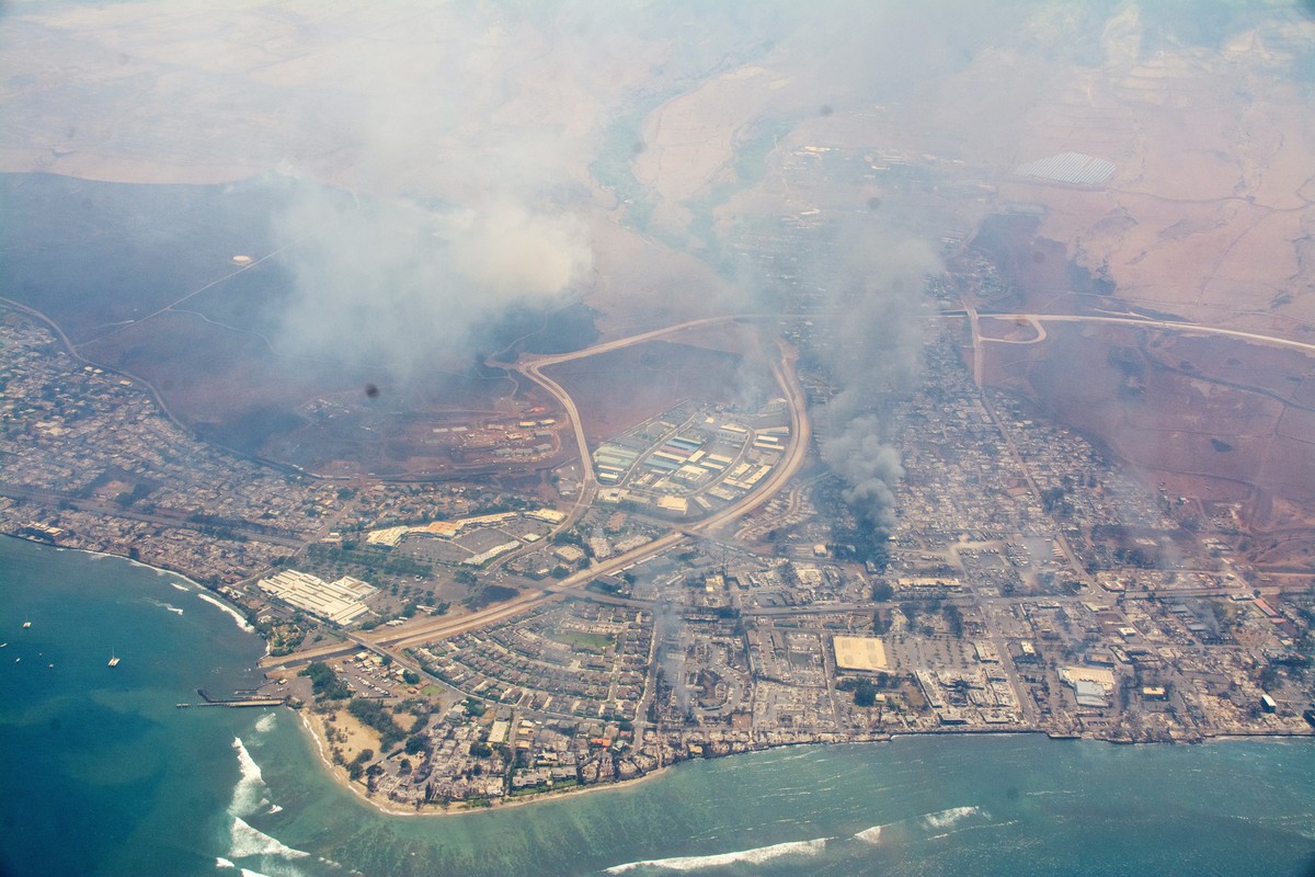 epa10794496 A handout photo made available by the Hawaii Wing Civil Air Patrol shows an aerial view of damage caused by the Maui brush fires in Maui, Hawaii, USA, 09 August 2023 (issued 11 August 2023 ...
