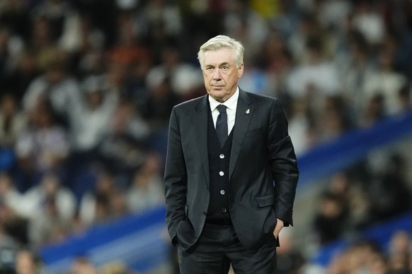 Real Madrid head coach Carlo Ancelotti during the Spanish La Liga soccer match between Real Madrid and Deportivo Alaves at the Santiago Bernabeu stadium in Madrid, Spain, Tuesday, May 14, 2024. (AP Ph ...