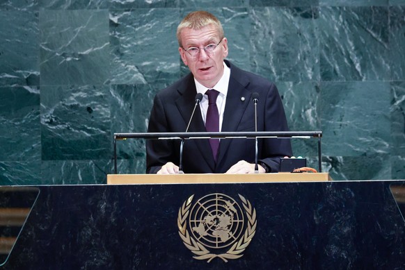 epa12402220 President of Latvia Edgars Rinkevics speaks during the General Debate of the 80th session of the United Nations General Assembly (UNGA) at the United Nations headquarters in New York, USA, ...