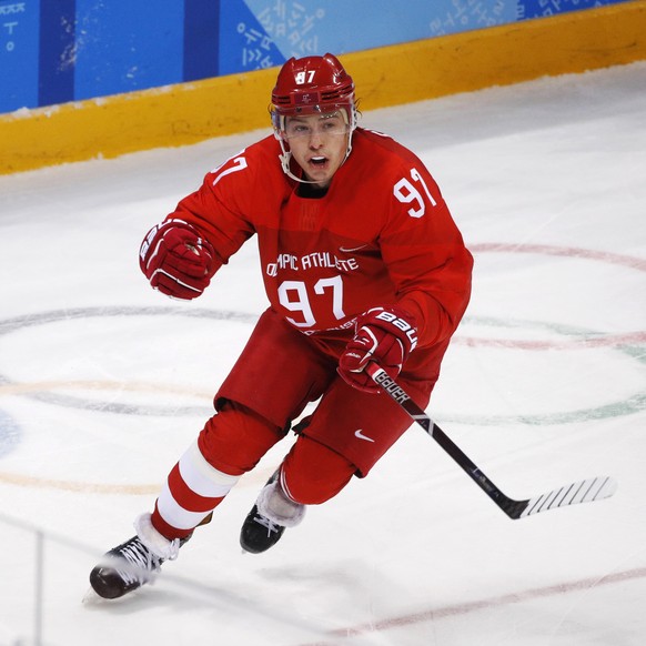 Russian athlete Nikita Gusev celebrates after scoring a goal during the third period of the men&#039;s gold medal hockey game against Germany at the 2018 Winter Olympics, Sunday, Feb. 25, 2018, in Gan ...