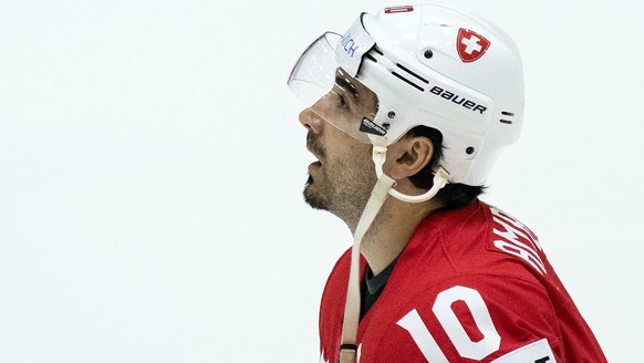 Switzerland&#039;s Andres Ambuehl looks on during the Ice Hockey World Championship group A preliminary round match between Switzerland and Kazachstan in Helsinki at the Ice Hockey Hall, Finland on Tu ...