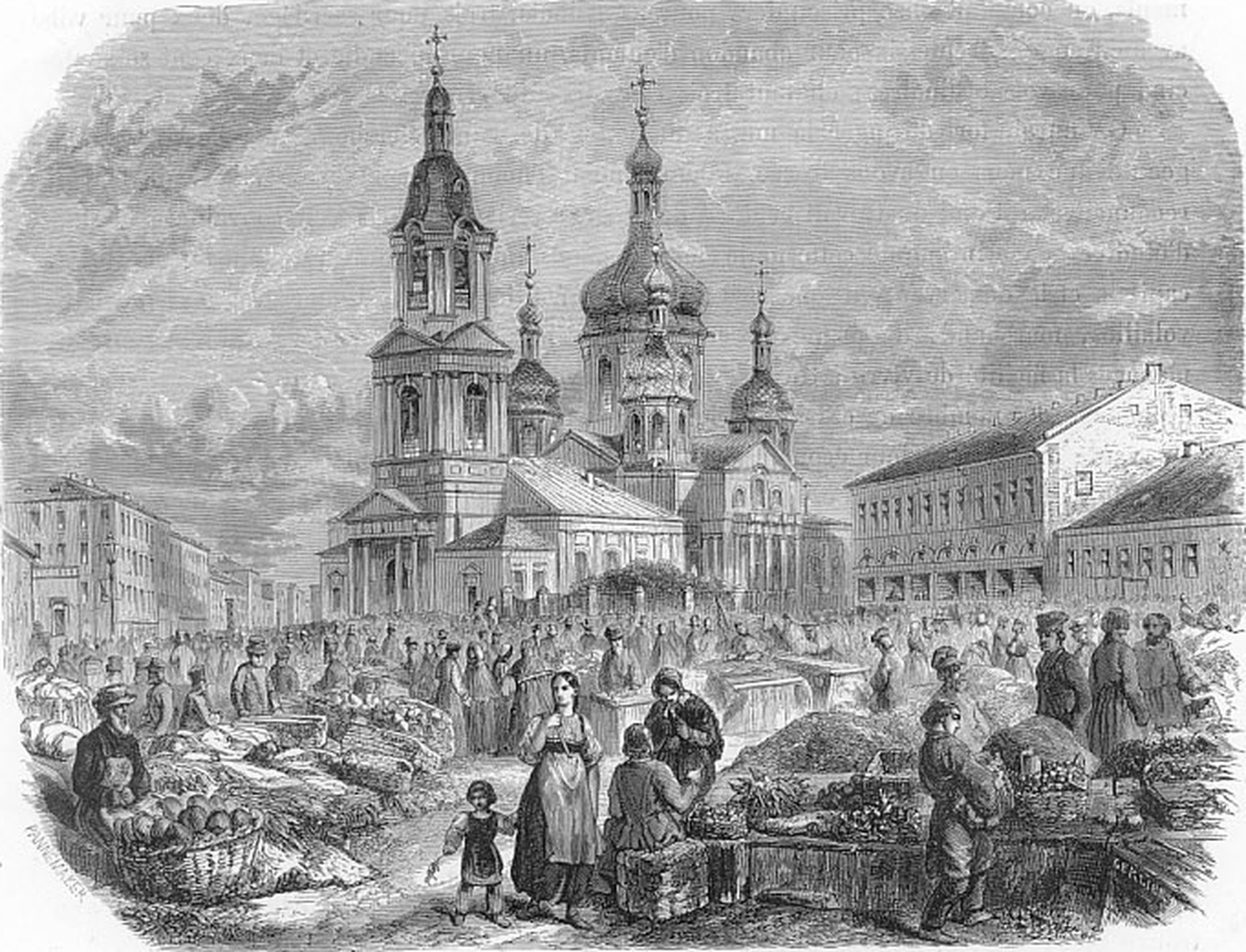 Holzstich aus dem Jahr 1884: Der Heumarkt im Viertel Sennaya Ploschtschad, wo die kleinen Leute leben. Er ist das Zentrum von Dostojewskis «Schuld und Sühne».
