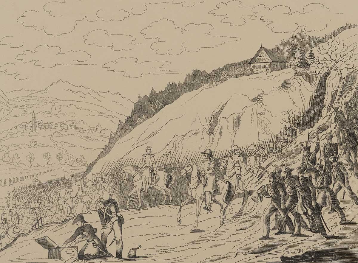 Druckgrafik: Eidgenössische Truppen vor den Toren von Freiburg.
https://permalink.nationalmuseum.ch/100098366