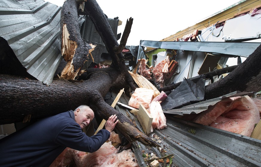 Robbie Mackay inspects the damage to a neighbor&#039;s home after tree snapped in storm force winds and crashed into a bedroom in Wellington, New Zealand, Thursday, July 13, 2017. A powerful storm has ...