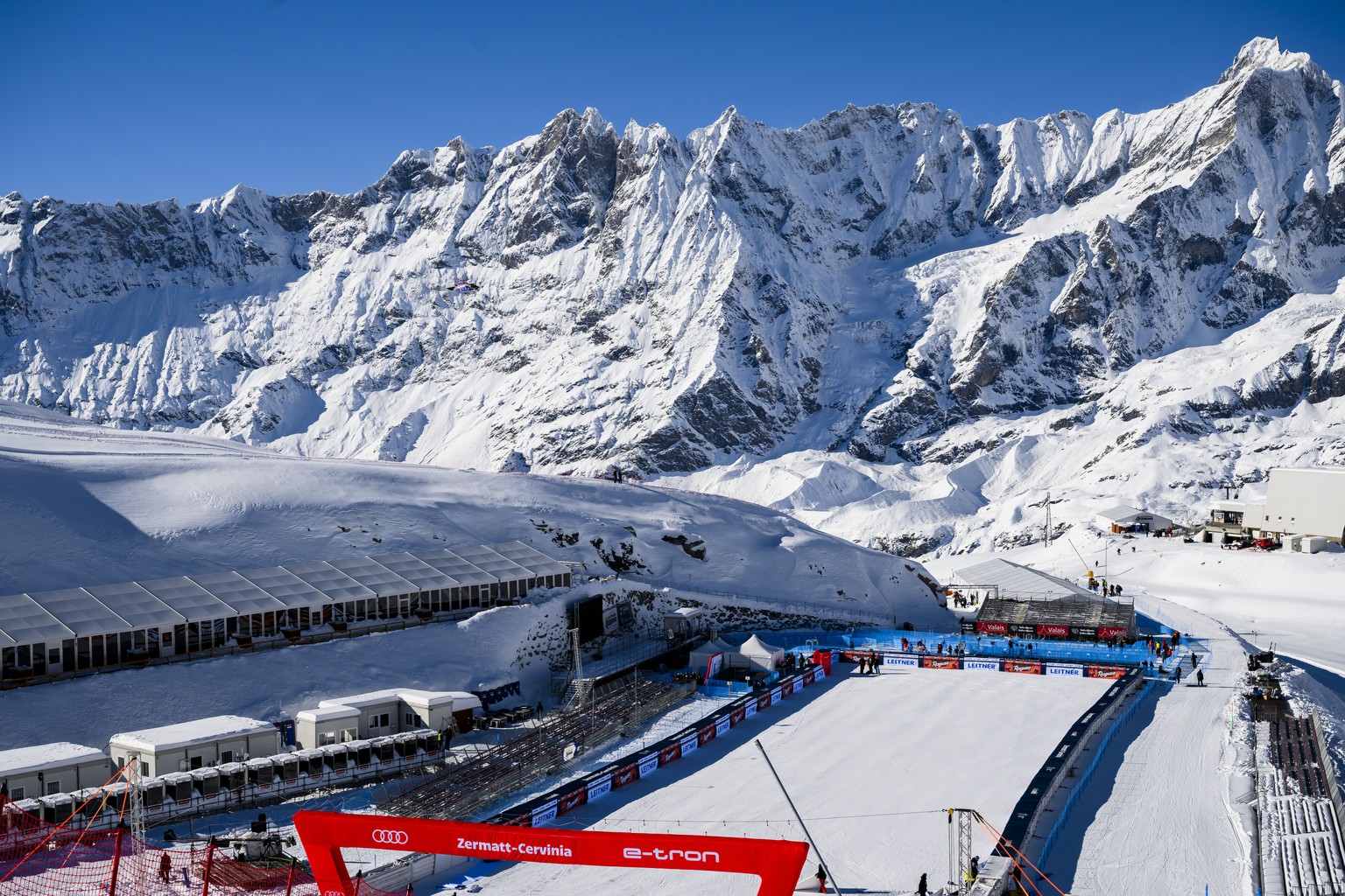 The finish area is pictured during the men&#039;s downhill training race on the new ski course &quot;Gran Becca&quot; at the Alpine Skiing FIS Ski World Cup, between Zermatt in Switzerland and Cervini ...