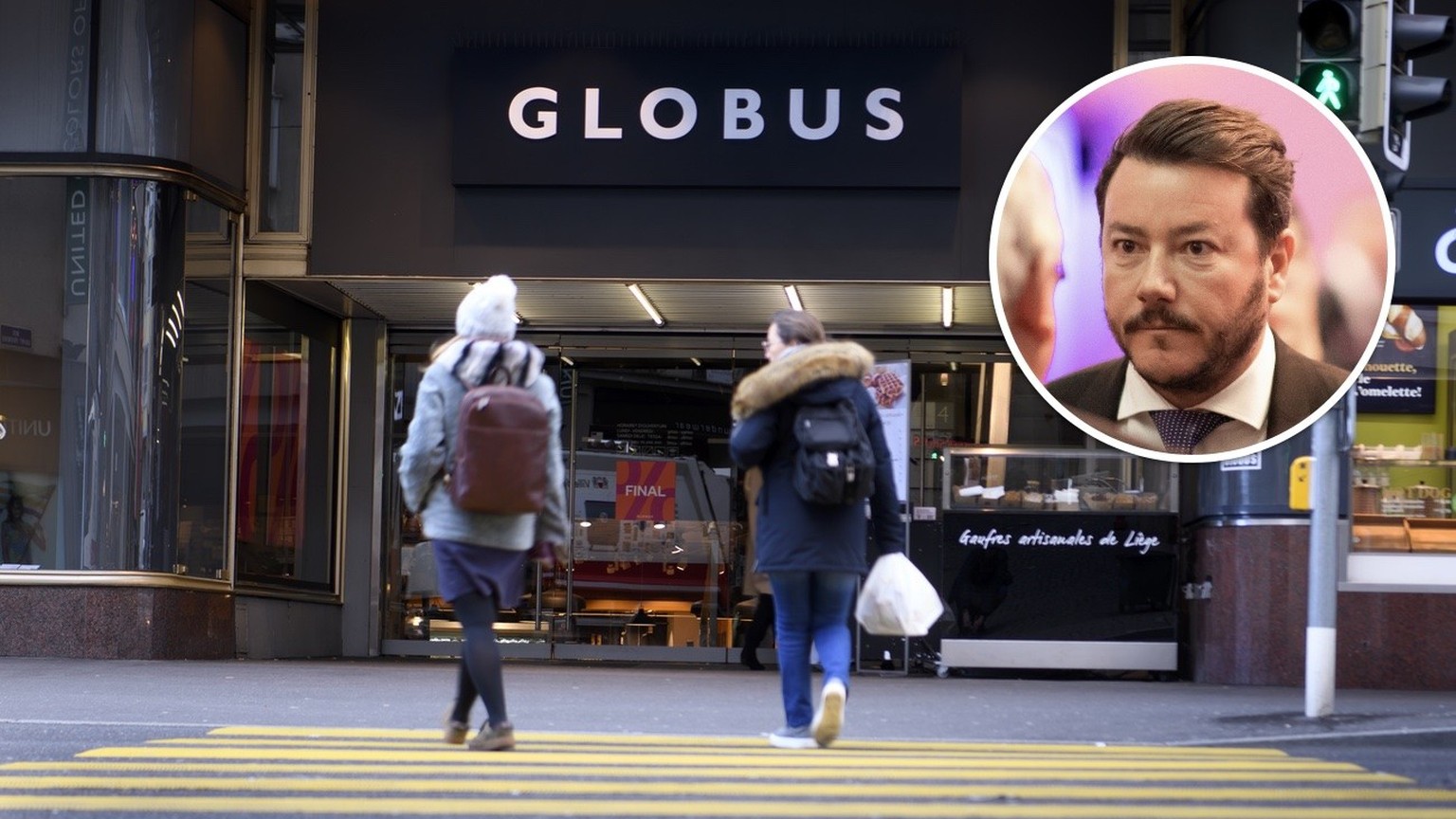 L&#039;enseigne du magasin Globus photographiee ce mardi 4 fevrier 2020 a Lausanne. Migros a trouve un acheteur pour Globus. La coentreprise composee de l&#039;autrichien Signa et du thailandais Centr ...