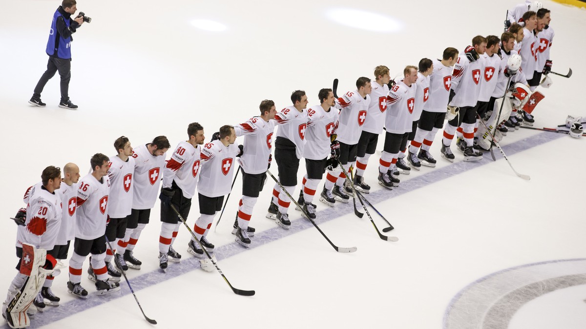 Switzerland's listen the Swiss anthem after beating Finland, during the IIHF 2018 World Championship quarter final game between Finland and Switzerland, at the Jyske Bank Boxen, in Herning, Denma ...