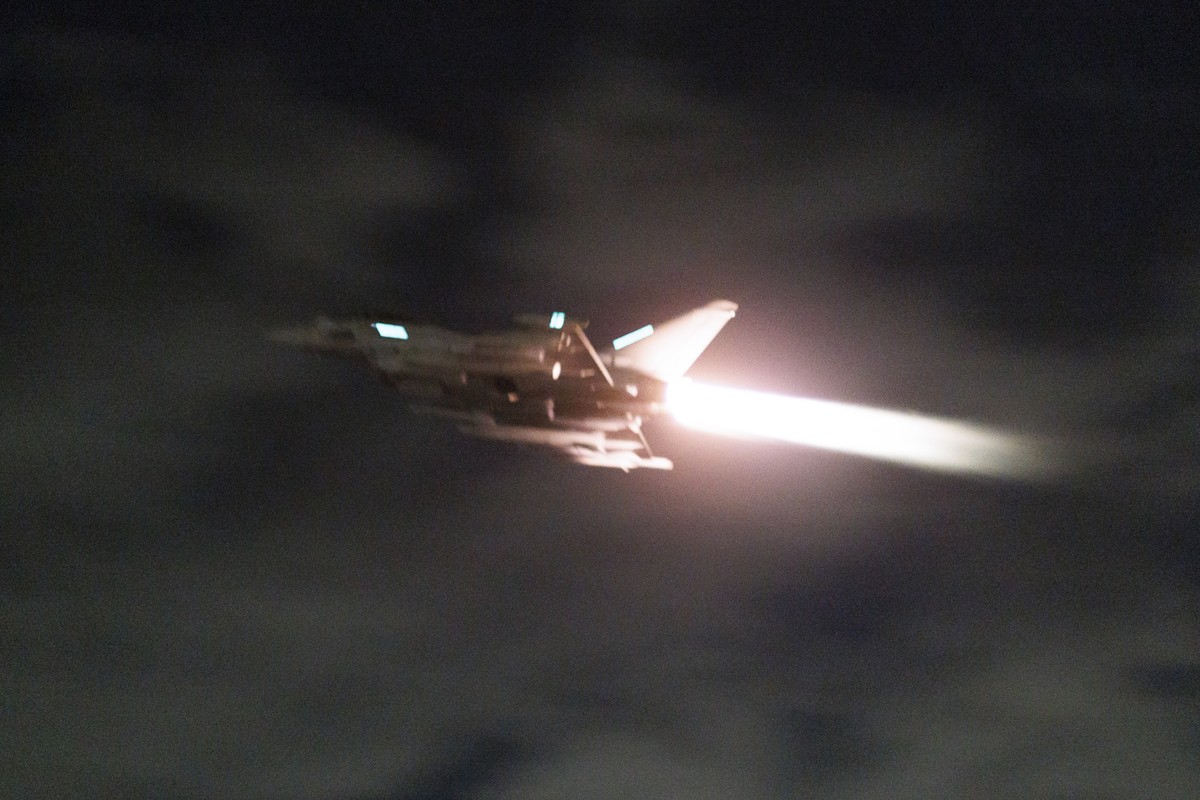 In this image provided the Ministry of Defence, an RAF Typhoon aircraft takes off to conduct further strikes against Houthi military targets in Yemen, from RAF Akrotiri, Cyprus, Saturday, Feb. 3, 2024 ...