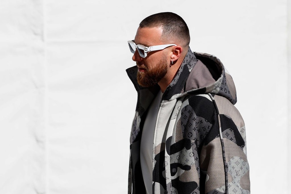 GLENDALE, AZ - FEBRUARY 12: Travis Kelce #87 of the Kansas City Chiefs arrives prior to Super Bowl LVII against the Philadelphia Eagles at State Farm Stadium on February 12, 2023 in Glendale, Arizona. ...
