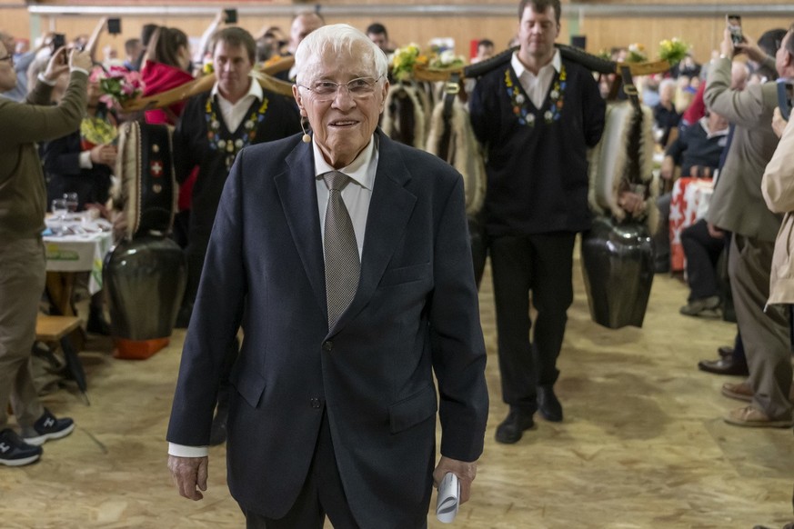 Alt-Bundesrat Christoph Blocher an der Delegiertenversammlung der Schweizerischen Volkspartei SVP in Balsthal, am Samstag, 25. Januar 2025. (KEYSTONE/Georgios Kefalas)