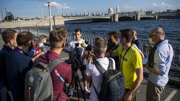 Switzerland&#039;s midfielder Remo Freuler, speaks to journalists after a training session for the UEFA Euro 2020 soccer tournament, at the Petrovsky stadium, in St. Petersburg, Russia, Wednesday, Jun ...