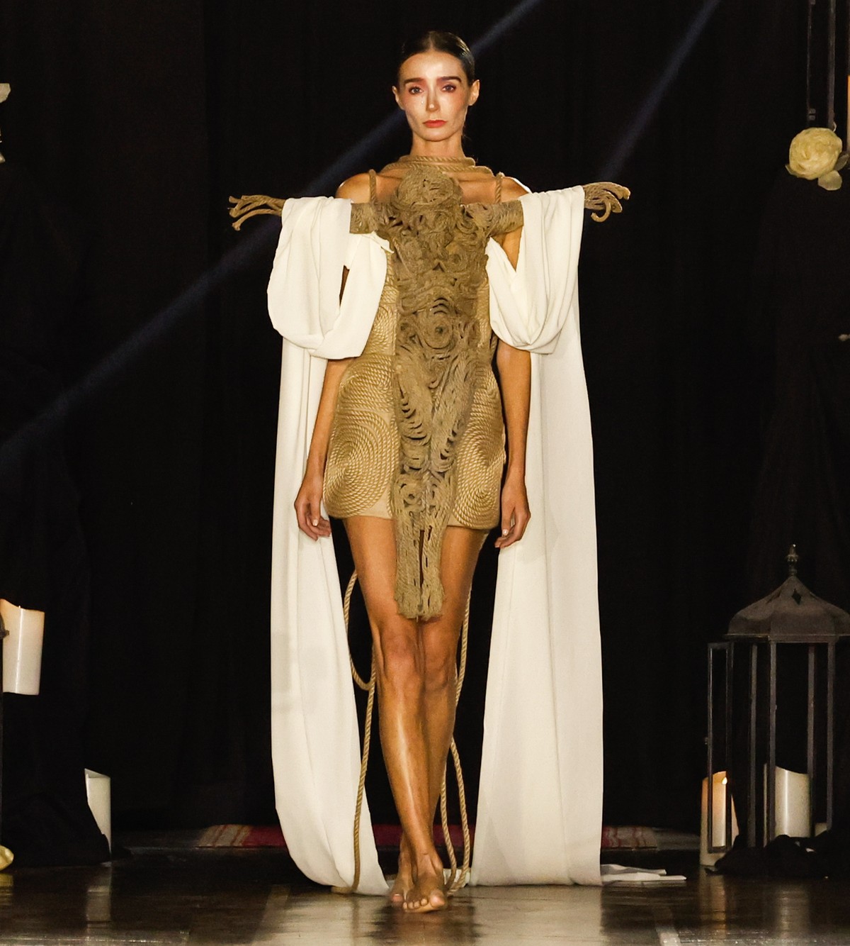 epa12225229 A model presents a creation from the Haute Couture Autumn/Winter 2025/2026 collection by Spanish designer Juana Martin during Paris Fashion Week, in Paris, France, 08 July 2025. The presen ...
