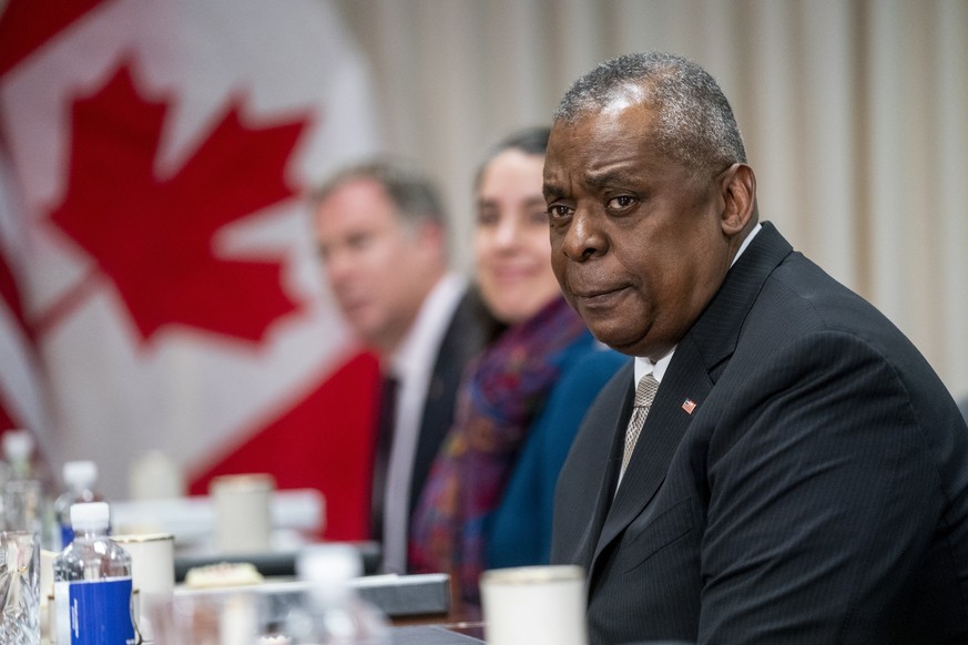 epa10459478 US Secretary of Defense Lloyd Austin delivers remarks during a meeting with the Canadian minister of national defense (not pictured) at the Pentagon in Arlington, Virginia, USA, 10 Februar ...