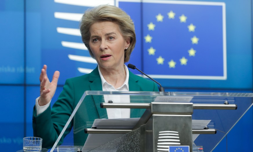 epa08298301 European Commission President Ursula Von Der Leyen gives as press conference after a conference call of G7 leaders on Coronavirus, COVID-19, at the European Council, Brussels, Belgium, 16  ...