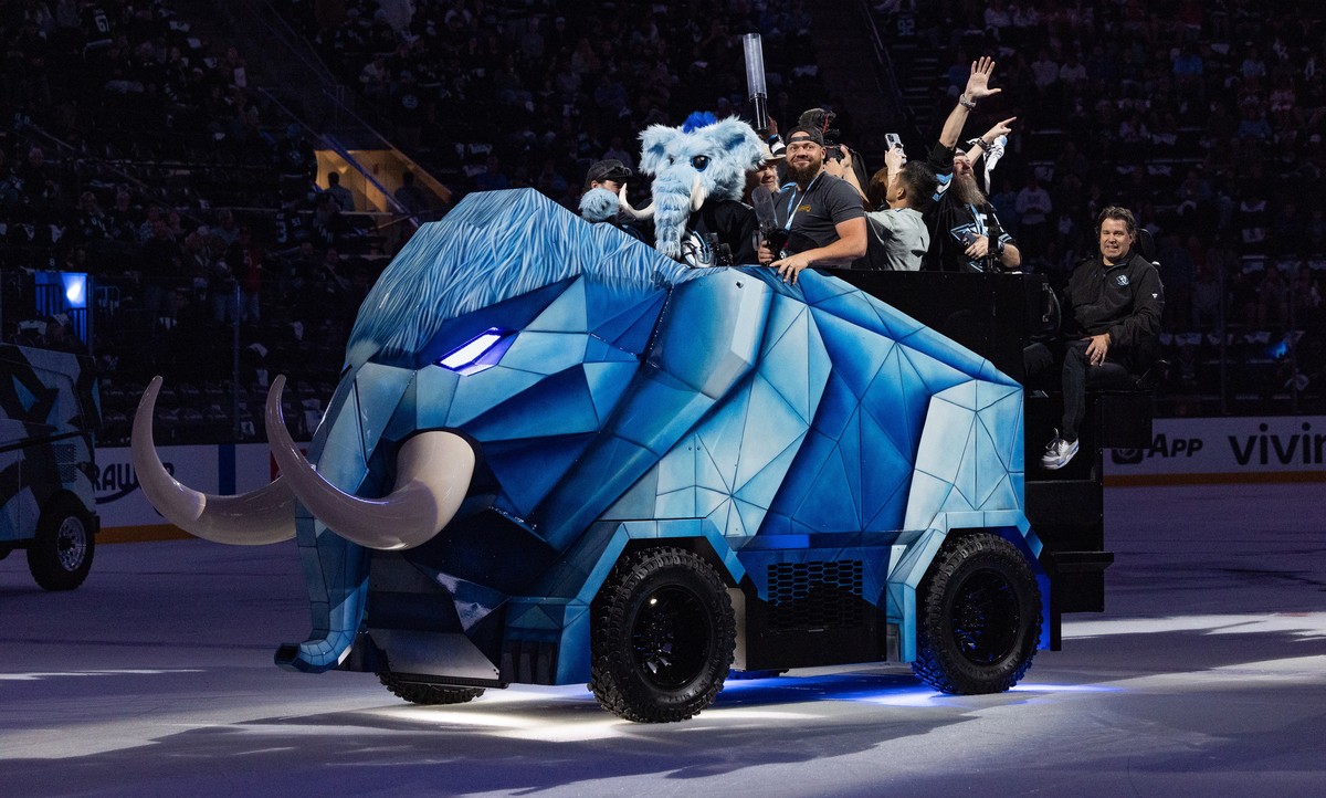 Zammoth the new Zamboni of the Utah Mammoth is unveiled during the first period of an NHL hockey game against the Edmonton Oilers, Tuesday, April 7, 2026, in Salt Lake City. (AP Photo/Melissa Majchrza ...