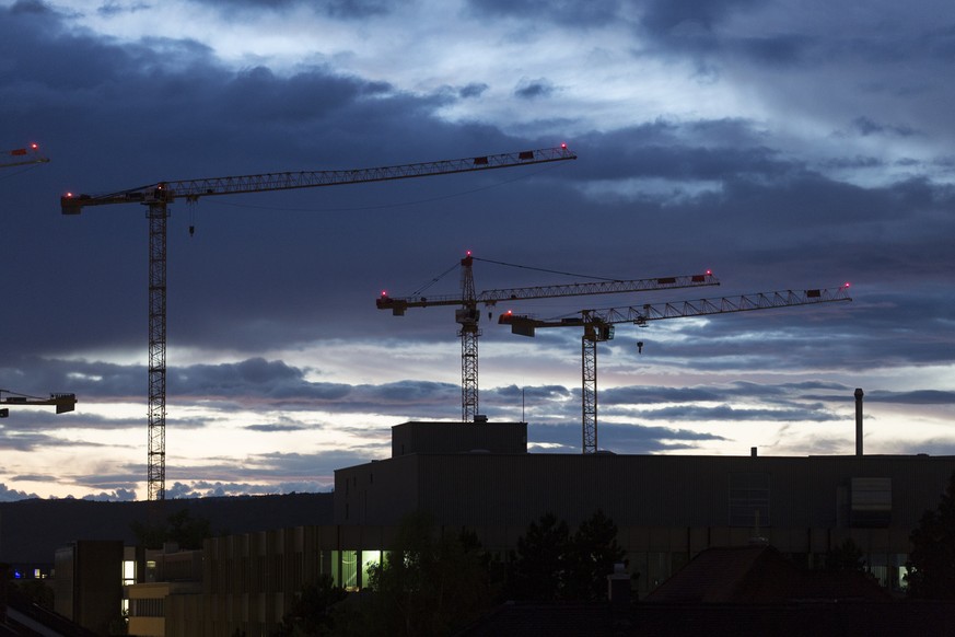 Cranes at the construction site of the Freilager area, pictured in Zurich, Switzerland, on February 26, 2014. (KEYSTONE/Gaetan Bally)