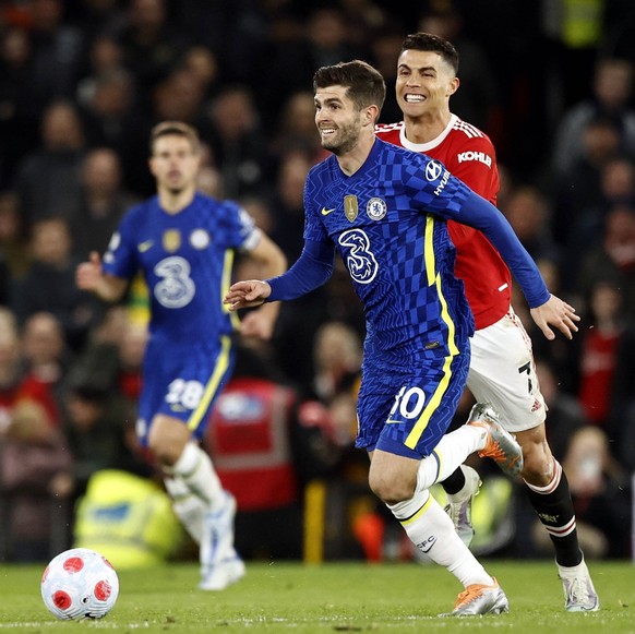 Football - 2021 / 2022 Premier League - Manchester United, ManU vs Chelsea - Old Trafford - Thursday 29th April 2022 Christian Pulisic of Chelsea is chased through midfield by Cristiano Ronaldo of Man ...