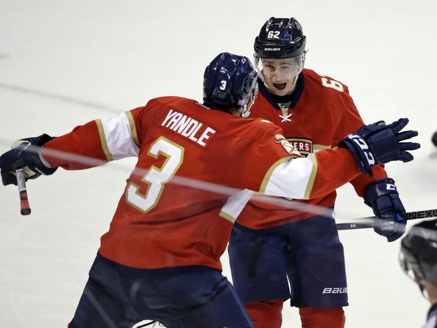 Florida Panthers defenseman Keith Yandle (3) congratulates center Denis Malgin (62) after Malgin scored a goal during the third period of an NHL hockey game against Boston Bruins, Tuesday, Nov. 1, 201 ...