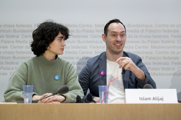 Islam Alijaj, president of the Tatkraft association, right, speaks at a media conference about the launch of the federal people's initiative "For the equality of people with disabilities (Ink ...