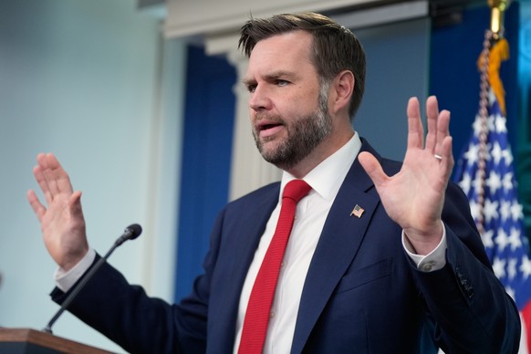 Vice President JD Vance speaks to reporters in the James S. Brady Press Briefing Room at the White House, Thursday, June 18, 2026, in Washington. (AP Photo/Manuel Balce Ceneta)
JD Vance