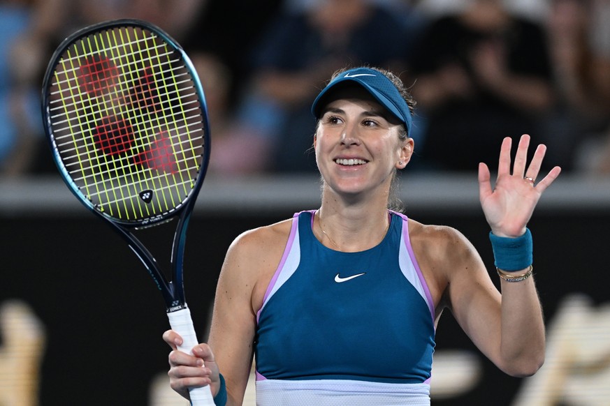 epa10410693 Belinda Bencic of Switzerland in action against Viktoriya Tomova of Bulgaria during their first round match at the 2023 Australian Open tennis tournament at Melbourne Park in Melbourne, Au ...