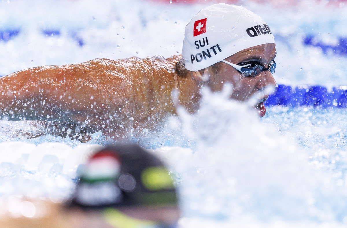 Noe Ponti (SUI) competes in the Men's 200m Butterfly Final during the swimming events at the 2024 Paris Summer Olympics at La Defense Arena, in Paris, France, Wednesday, July 31, 2024. (KEYSTONE/ ...
