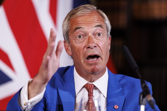 epa13148343 Reform UK leader Nigel Farage attends a press conference in central London, Britain, 03 August 2026. Reform UK leader Nigel Farage will stand in the Clacton by-election on 13 August to win ...