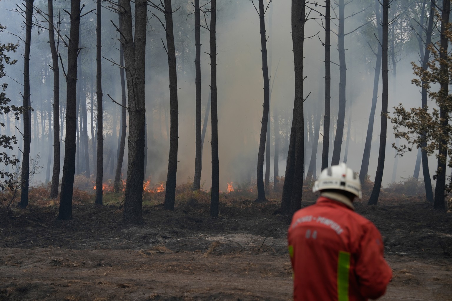A firefighter works to extinguish a fire, near Blagon, southwestern France, Friday, July 31, 2026. (AP Photo/Baz Ratner)
France Wildfires