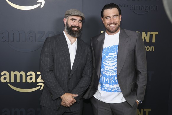 Jason Kelce, left, and Travis Kelce attend the Amazon Upfront at the Beacon Theatre on Monday, May 12, 2025, in New York. (Photo by Andy Kropa/Invision/AP)
Jason Kelce,Travis Kelce