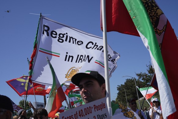 People protest outside Los Angeles Stadium before the World Cup Group G soccer match between Iran and New Zealand in Inglewood, Calif., near Los Angeles, Monday, June 15, 2026 (AP Photo/Ty ONeil)
WCup ...