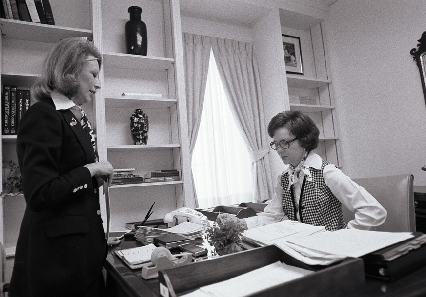 epa10985482 (FILE) A handout photo made available by the Jimmy Carter Library shows US First Lady Rosalynn Carter (R) with her personal assistant, Madeline MacBean, on 17 March 1977 (issued 19 Novembe ...