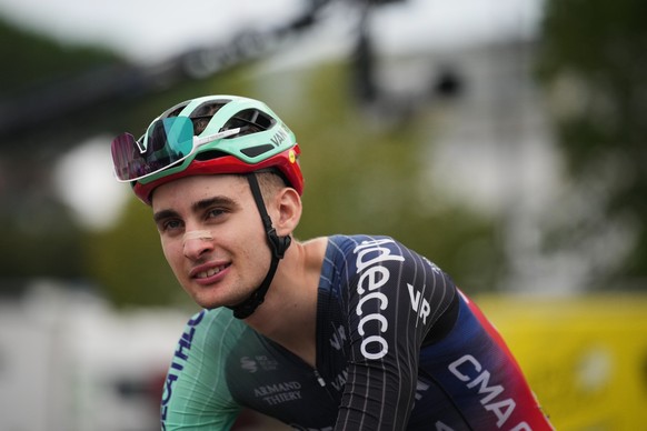 France's Paul Seixas arrives for a presentation before the start of the seventh stage of the Tour de France cycling race over 175.1 kilometers (108.7 miles) with start in Hagetmau and finish in B ...