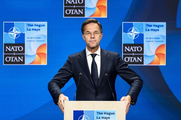 KEYPIX - epa12196626 NATO chief Mark Rutte speaks during a press conference following the NATO summit at the World Forum in The Hague, Netherlands, 25 June 2025. The Netherlands, for the first time in ...