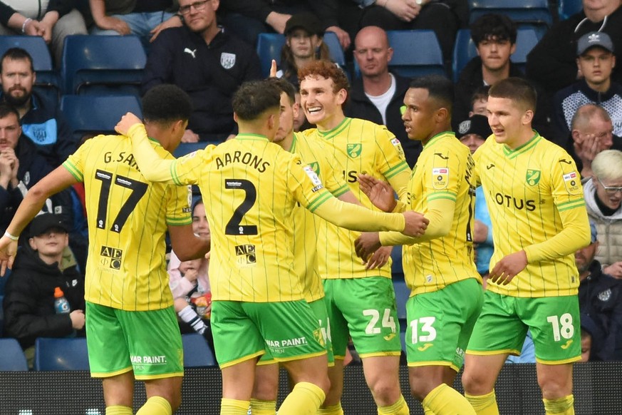 Mandatory Credit: Photo by Richard Bowcott/IPS/Shutterstock 13891846e Norwich City s Josh Sargent c celebrates with team mates after scoring the opening goal West Bromwich Albion v Norwich City, EFL S ...