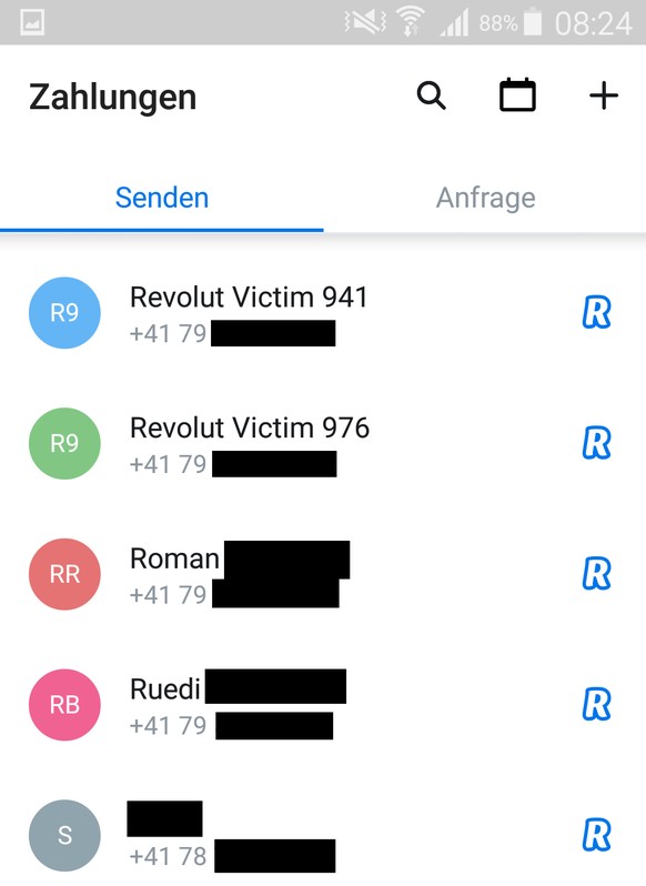 Werden zufällig generiert 079er-Nummern ins Adressbuch importiert, zeigt Revolut an, wer davon die App nutzt. Auf diesem Screenshot die ersten beiden Kontakte.