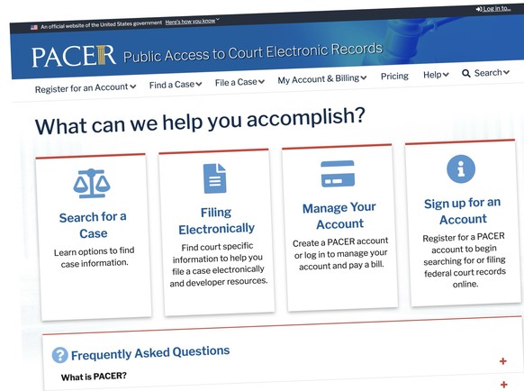 Screenshot der Website von Pacer, dem öffentlichen Onlinearchiv der US-Bundesgerichte (August 2025)