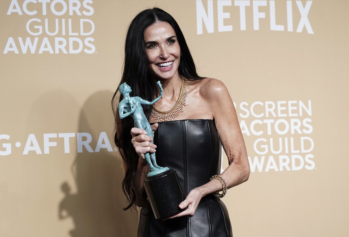Demi Moore poses in the press room with the award for outstanding performance by a female actor in a leading role for "The Substance" during the 31st annual Screen Actors Guild Awards on Sun ...