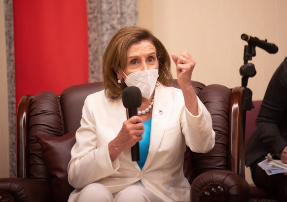 epa10103487 US House Speaker Nancy Pelosi speaks during her meeting with Taiwan?s Vice President of the Legislative Yuan Tsai Chi-Chang, at the Legislative Yuan in Taipei, Taiwan, 03 August 2022. Pelo ...