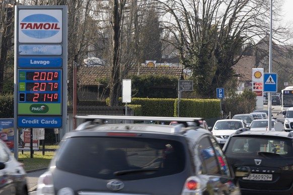 Gasoline prices are seen on a display at a gas station Tamoil and a gas station Shell in Geneva, Switzerland, Monday, March 7, 2022. Gasoline prices are at an unprecedented level, the reason being the ...