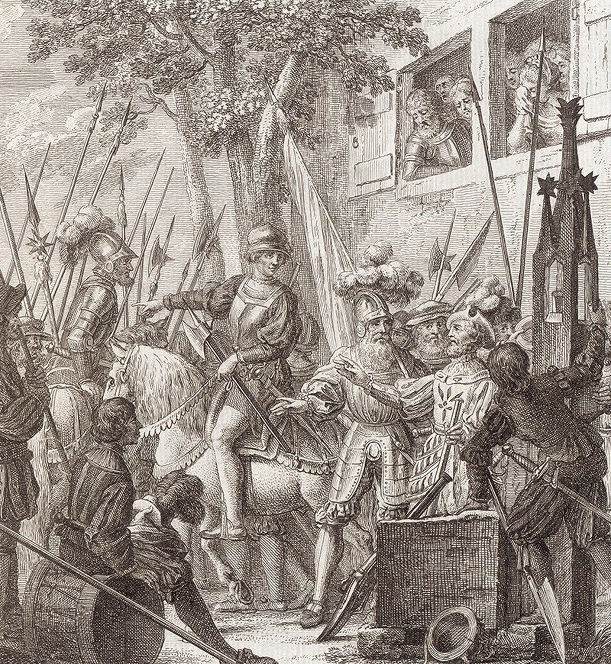 Druckgraphik, gezeichnet von Johann Martin Usteri. Zwingli auf dem Pferd bei der Kappeler Schlacht von 1531.