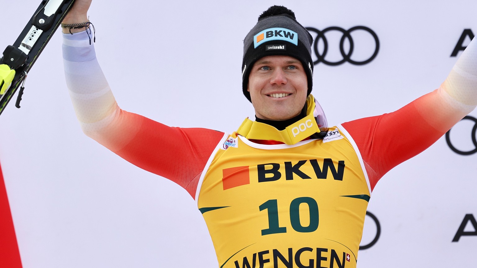 Second placed Stefan Rogentin of Switzerland celebrates on the podium after the men&#039;s Super G race at the Alpine Skiing FIS Ski World Cup in Wengen, Switzerland, Friday, January 13, 2023. (KEYSTO ...