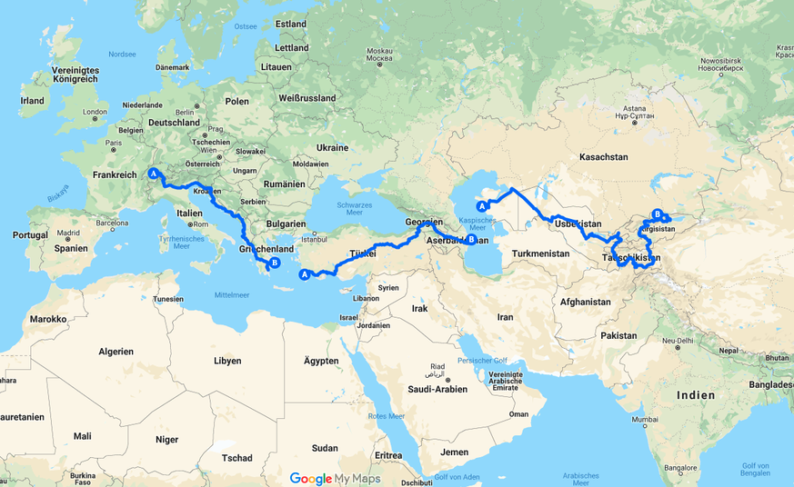 Die ungefähre Route von Mattias und Dominic: Von Athen (B in Griechenland) ging es mit der Fähre nach Datça (A in der Türkei), von Baku (B am Kaspischen Meer) ebenfalls mit der Fähre nach Aqtau (A am  ...