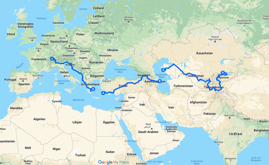 Die ungefähre Route von Mattias und Dominic: Von Athen (B in Griechenland) ging es mit der Fähre nach Datça (A in der Türkei), von Baku (B am Kaspischen Meer) ebenfalls mit der Fähre nach Aqtau (A am ...
