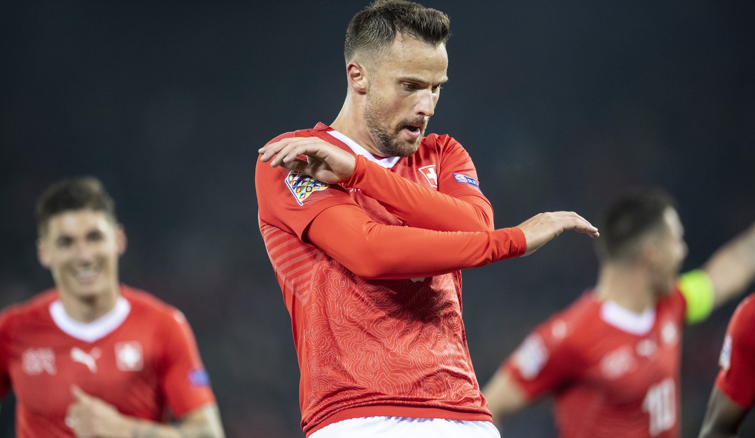 Switzerland&#039;s Haris Seferovic celebrate the 5:2 goal during the UEFA Nations League soccer match between Switzerland and Belgium at the swissporarena stadium in Lucerne, Switzerland, on Sunday, N ...