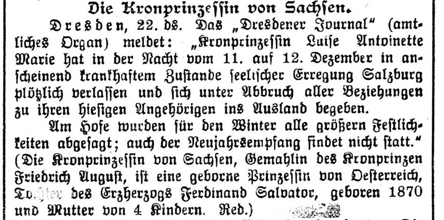 Auch die Schweizer Presse, hier der «Tägliche Anzeiger für Thun und das Berner Oberland», berichten über Luise und Leopold.
https://www.e-newspaperarchives.ch/?a=d&amp;d=TAA19021225-01.2.11.1&amp;srpo ...