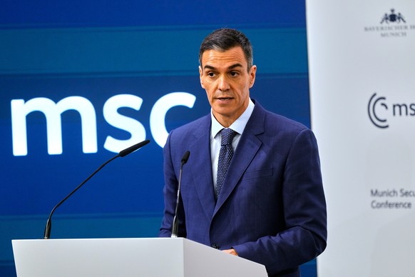 Spain's Prime Minister Pedro Sanchez speaks during a panel discussion at the Munich Security Conference in Munich, Germany, Saturday, Feb. 14, 2026. (AP Photo/Michael Probst)
Pedro Sanchez
