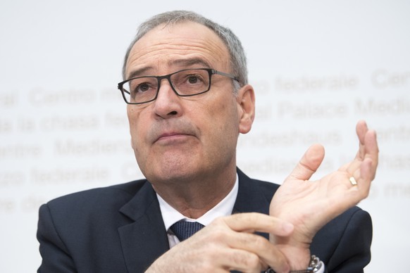 Bundesrat Guy Parmelin, Chef VBS, Eidgenoessisches Departement fuer Verteidigung, Bevoelkerungsschutz und Sport, spricht ueber &quot;Sicherheit Schweiz&quot;, den Jahresbericht des Nachristendienstes  ...