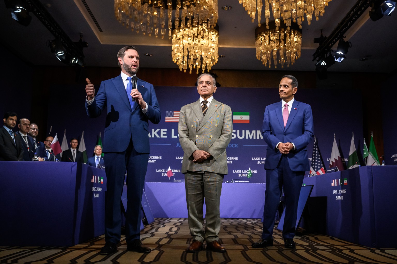 epa13054292 (L-R) US Vice President JD Vance speaks next to Pakistan's Prime Minister Shehbaz Sharif and Qatar's Prime Minister Sheikh Mohammed bin Abdulrahman bin Jassim al-Thani prior to a ...