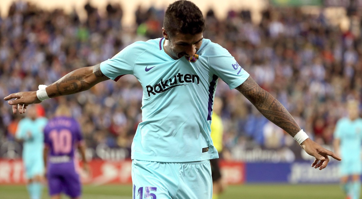 epa06337604 FC Barcelona's Brazilian player Jose Paulo Becerra 'Paulinho' celebrates after scoring the 0-3 goal against Leganes during their Spanish Primera Division League soccer match ...